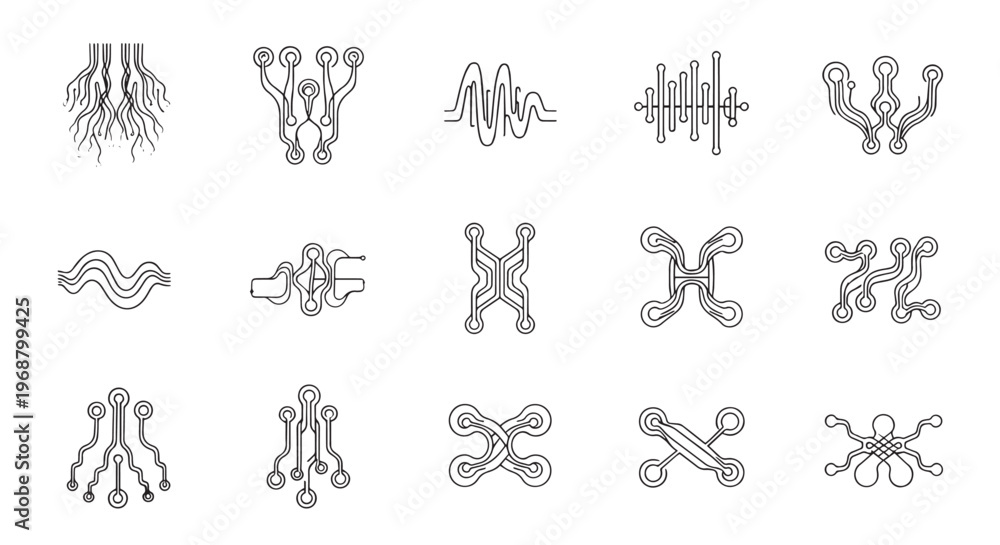 Fototapeta premium Neural Network Circuit and Audio Waveform Vector Line Icons Set