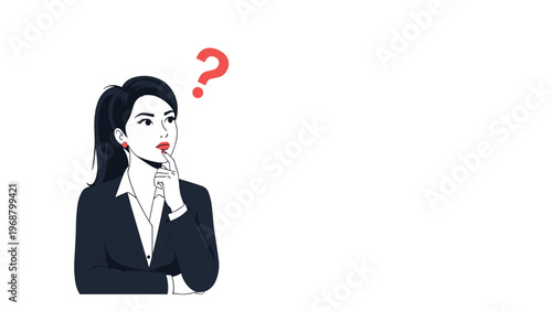Stylish woman in a business suit thinking with a hand on her chin and a red question mark for decision making and analysis.