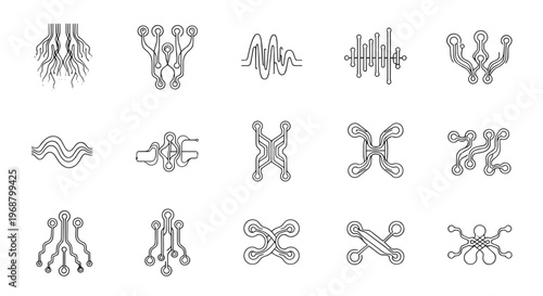 Neural Network Circuit and Audio Waveform Vector Line Icons Set