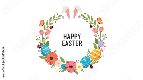 Colorful easter wreath with spring flowers eggs and ladybugs featuring happy easter text for festive holiday greeting cards.