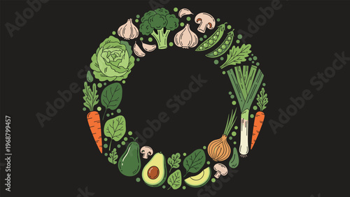 Healthy variety of fresh vegetables and herbs arranged in a circle on a dark background for nutrition and diet concepts.
