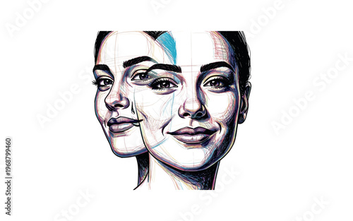 Woman's face showing contrasting emotions of sadness and happiness in artistic sketch