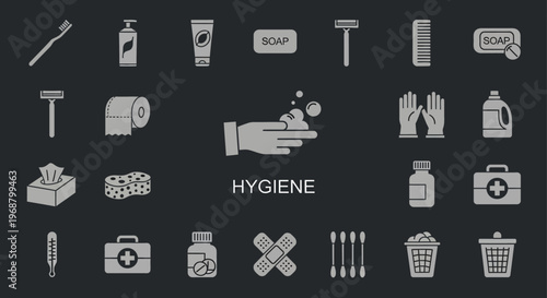 Collection of Hygiene and Sanitation Icons, Personal Care and Health Practices Vector Set on Dark Gray Background