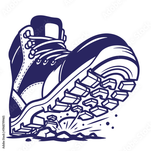 Of a dark blue hiking boot stepping down firmly on rocky ground with a heavy tread sole and laces isolated on a white background