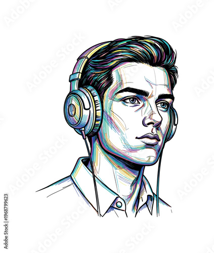 Vibrant line art portrait of a young man wearing headphones, listening to music