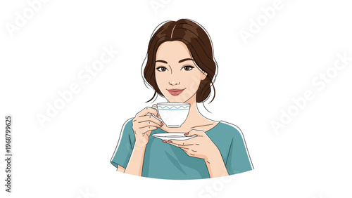 Elegant young woman with dark hair smiling while holding a white cup and saucer for tea and coffee break lifestyle themes.
