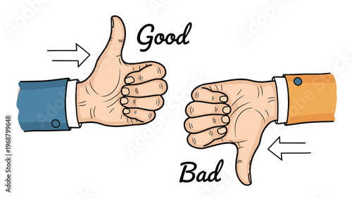 Comparison of human hands gesturing thumbs up for positive feedback and thumbs down for negative results or disapproval.