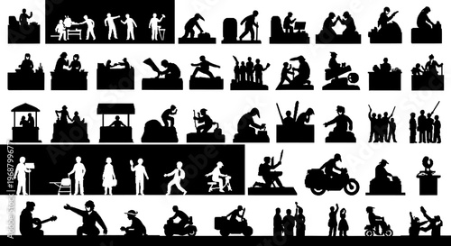 Collection of Diverse People Silhouettes Performing Daily Activities, Everyday Life Actions on Isolated Black Background