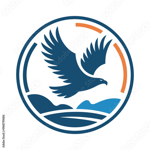 Blue eagle with spread wings flying over mountains and water inside circular emblem with orange arcs