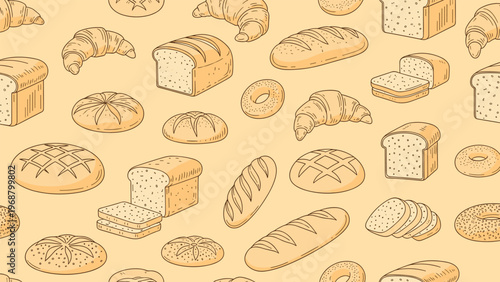 Seamless pattern featuring a variety of freshly baked bread loaves, buns, croissants, and bagels in a hand drawn illustrative style.
