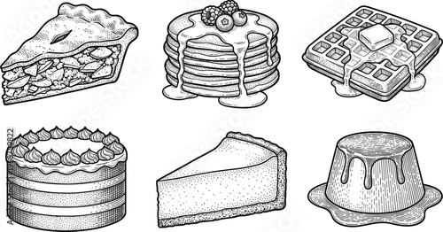 Cake Dessert Sketch Vector Set. Cake dessert vector set including pastry slice pancakes waffle and pudding detailed hand drawn food illustration