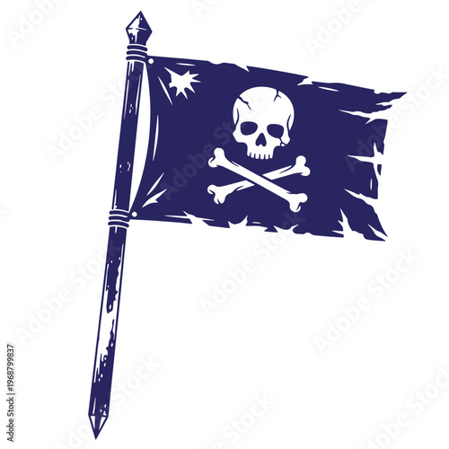 Dark blue pirate flag with a white skull and crossbones symbol on a tattered fabric banner attached to a wooden pole isolated on a white background