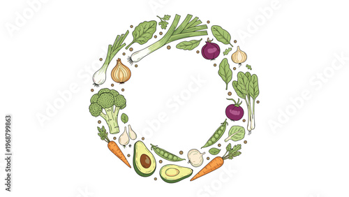 Decorative circular wreath composed of various hand drawn vegetables like carrots, broccoli, and avocado on a plain white background.