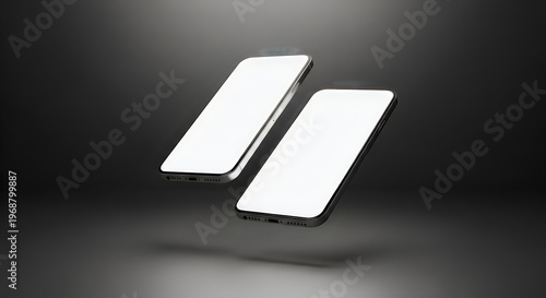 Two modern smartphones with blank white screens floating against a dark and moody background.