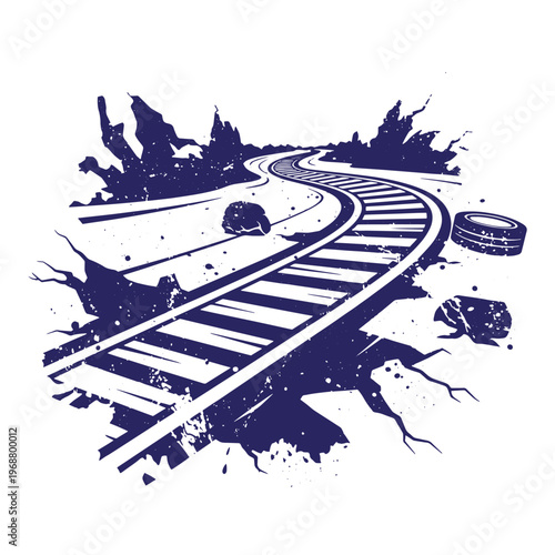 Dark blue silhouette of a curved railway track extending into the distance with scattered debris rocks and a discarded tire on a white background