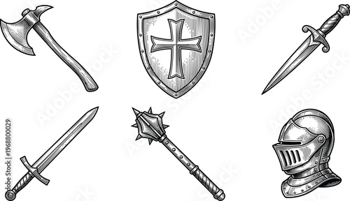 Medieval Weapons Armor Sketch Vector Set. Medieval weapons armor sketch vector set including sword shield axe mace and helmet detailed hand drawn illustration