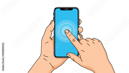Close up illustration of human hands holding a smartphone and interacting with a glowing circular ripple effect on the blue screen.