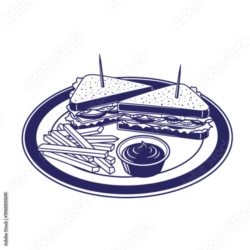 Two triangular club sandwich halves with toothpicks served on a round plate with a side of thin french fries and a small bowl of dipping sauce in a dark blue monochromatic line style