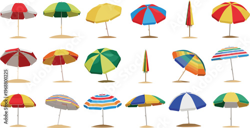 Collection of Colorful Beach Umbrellas in Various Patterns and Shapes, Perfect for Summer, Vacation, and Outdoor Illustrations