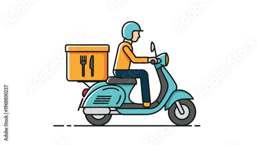 Side view illustration of a food delivery courier riding a blue motor scooter with a large delivery box on the back.