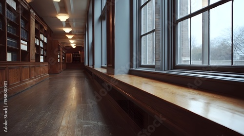 A long quiet library hallway with towering wooden bookshelves and large