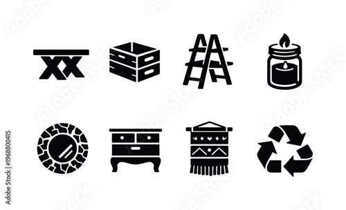 Upcycled home decor. Filled icon set of Upcycled home decor: recycled wood table, crate storage box, ladder