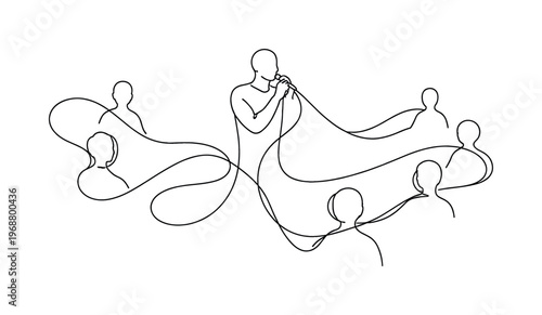 Audience Engagement. Minimalistic one-line drawing central artist figure linked by flowing lines to