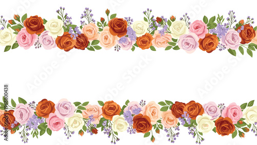 Pair of horizontal floral border arrangements made of roses and greenery in warm shades of orange, pink, and cream on white.