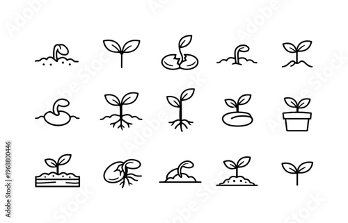 Plant sprouting from seed. Line outline icon set of Plant sprouting from seed: seed in soil sprouting, sprout