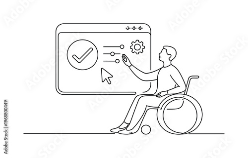 Accessible UX/UI. Minimalistic one-line drawing human figure interacting comfortably with a large inclusive