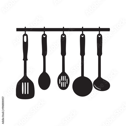 Set of essential black kitchen utensils hanging on a rack illustration