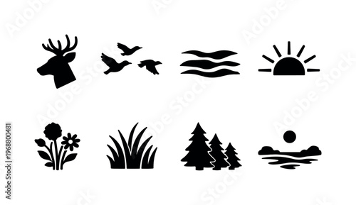 Dawn wildlife scene. Filled icon set of Dawn wildlife scene: deer profile, birds flying, mist layers, sun rays