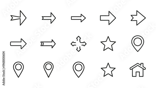 Set of simple outline icons: arrows, maps, stars, house