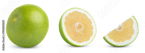 Konstfotografi Sweetie grapefruit, pomelo, pomelit or oroblanco citrus fruit with cut in half and slice isolated set