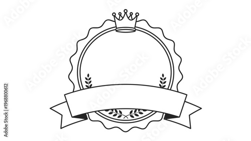Blank circular award seal with an ornate scalloped edge, a crown on top, and a large ribbon banner across the front.