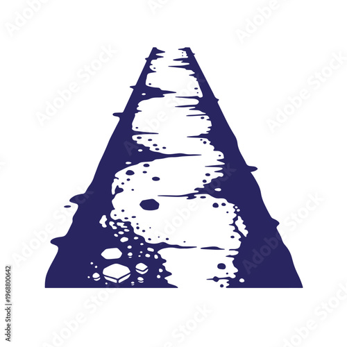 Dark blue silhouette of a tapering path with irregular edges and scattered circular shapes resembling stones or puddles on a white background
