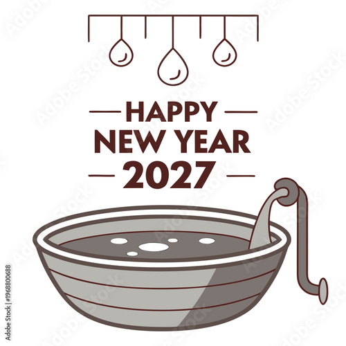 A festive new year illustration depicts a gray bathtub with water droplets and the text happy new year 2027