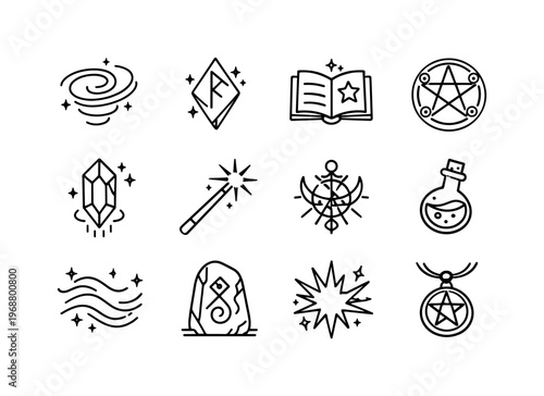 Enchantments. Line outline icon set of Enchantments: magic spell swirl, glowing rune symbol, enchanted book,