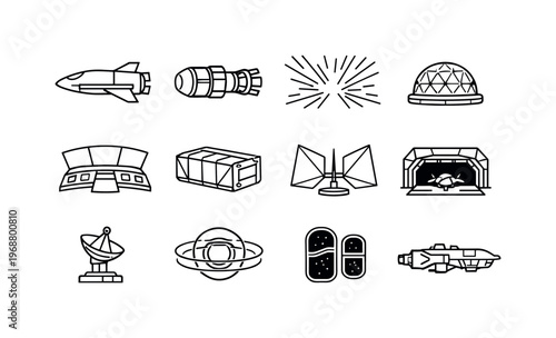 Interstellar ships. Line outline icon set of Interstellar ships: starship hull, warp drive engine, hyperspace