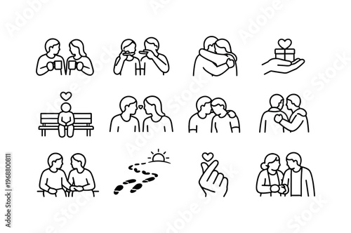 Everyday Love Icons. Love in everyday life. Line outline icon set of Love in everyday life: morning coffee