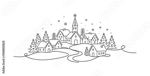Festive Winter Display. Minimalistic one-line drawing miniature village with rooftops, pathways, and soft