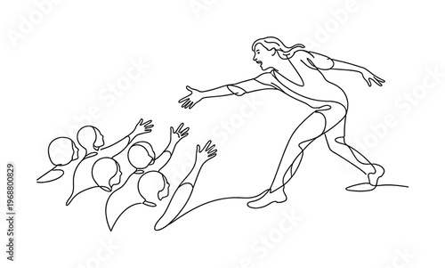 A performance artist interacting with an audience in an avant-garde show. Minimalistic one-line drawing