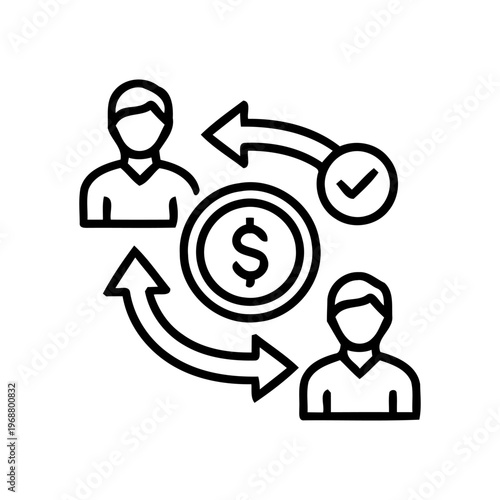 Successful peer to peer money transfer outline showing financial exchange between two users with dollar coin and checkmark vector