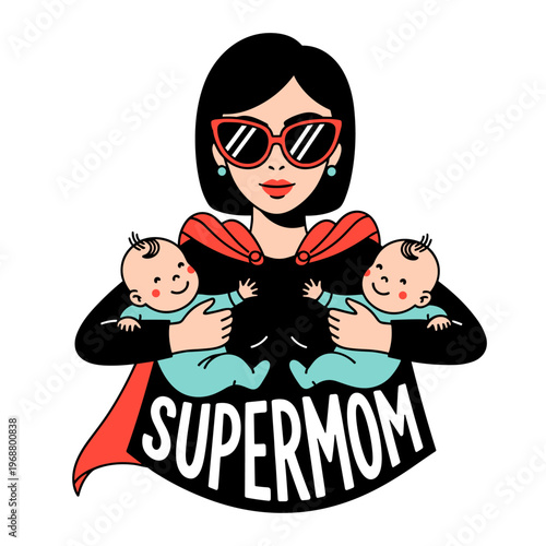 Supermom Illustration, Mother in Superhero Cape Holding Twin Babies Cartoon Doodle, Funny Mother's Day Sketch