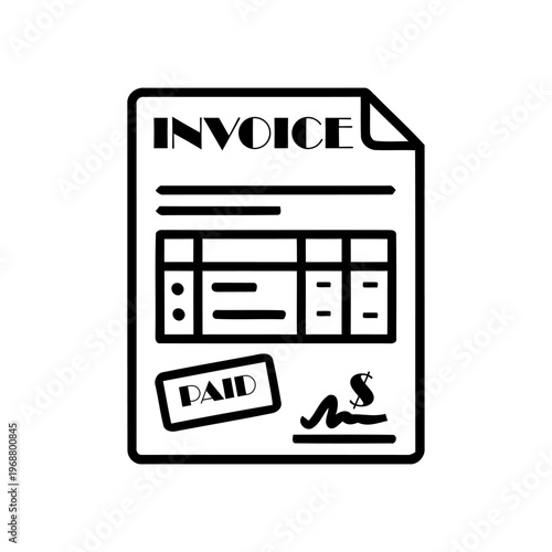 Detailed invoice document outline featuring paid stamp and authorized signature for financial accounting and business billing vector