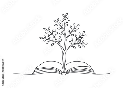Wisdom Tree. Minimalistic one-line drawing open book with a tree sprouting from its center and branches