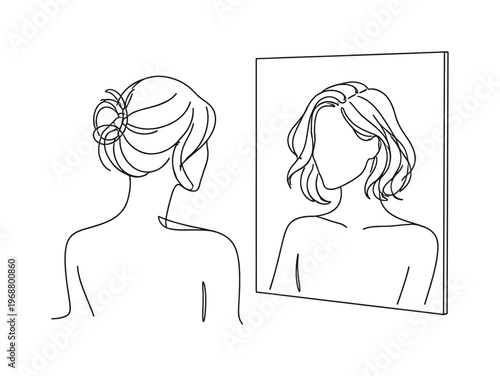 Virtual Style Preview. Minimalistic one-line drawing client silhouette mirrored on a screen showing adjusted