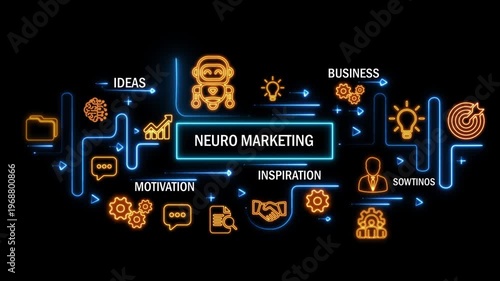 Mauro marketing concept with interconnected digital icons and glowing neon lines on dark background. animation video