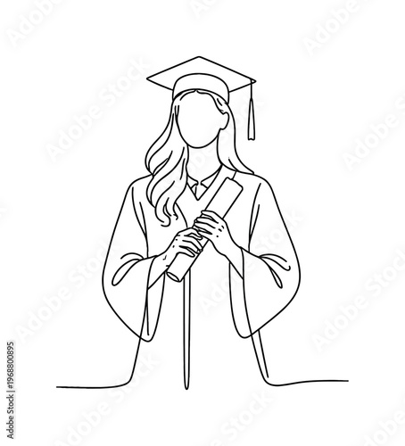 Graduation Milestone. Minimalistic one-line drawing student holding diploma scroll with confident upright