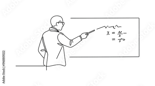Math instruction. Minimalistic one-line drawing teacher explaining equations on a simple board with attentive